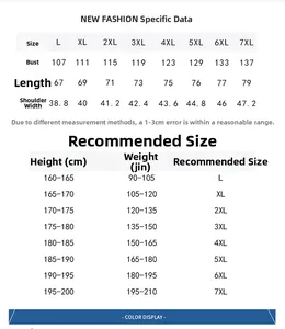 Detailed size chart for multi-pocket cargo vest ranging from L to 7XL dimensions