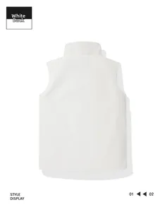 Rear view detail of white stand-collar minimalist vest showing sleek fabric and clean cut