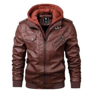 Giacca da moto in pelle marrone da uomo con cappuccio rimovibile e vestibilità slim