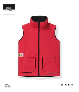 Detail showing the red stand-collar vest with flap pockets and urban woven label texture