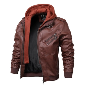 Giacca da moto slim fit da uomo in pelle PU marrone con cappuccio rimovibile