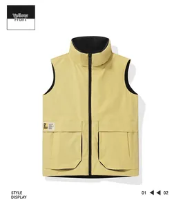 Detailed front view of a utility vest with large pockets and contrast collar design