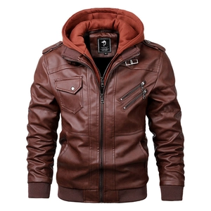 Giacca da moto da uomo in pelle PU marrone con cappuccio in maglia rimovibile e polsini