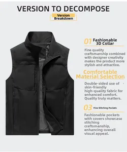 Detailansicht der schwarzen Outdoor-Weste mit Stehkragen und Reißverschlusstaschen