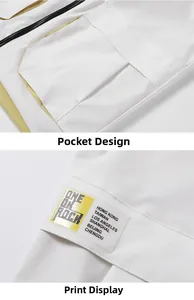 Detail view of cargo vest pocket with yellow lining and band name print on white fabric