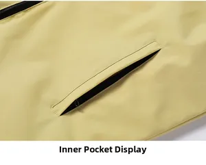 Close-up detail of the inner zipper pocket on a lightweight utility vest in beige
