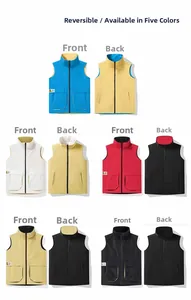 Detailed view of reversible multi-pocket vests in five color combinations with standing collars