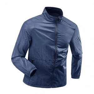 Men's UPF50+ navy blue sun protection jacket in ice silk fabric with standing collar