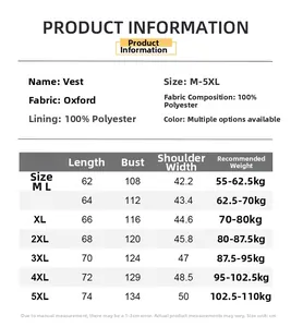 Detaillierte Größentabelle für Outdoor-Westen mit Maßen von M bis 5XL Größe