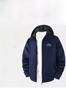 Detail of waterproof navy blue outdoor jacket featuring mountain logo and windproof hood