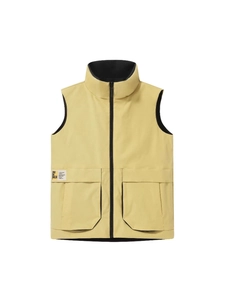 Men's khaki multi-pocket workwear vest with stand collar and black contrast lining