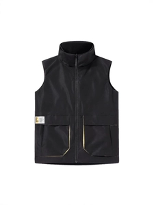Men's black cargo vest with high collar, multi-pocket design and contrast yellow accents