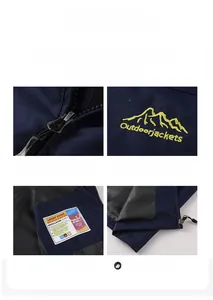 Detailed views of waterproof dark blue jacket with metal zipper and mountain logo embroidery