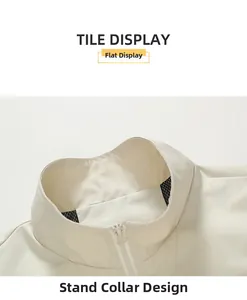 Detail einer beige Outdoor-Weste mit Stehkragen und schwarzem Netzfutter-Design