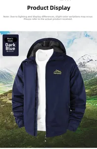 Detail of waterproof outdoor windbreaker featuring chest logo and hooded zipper design