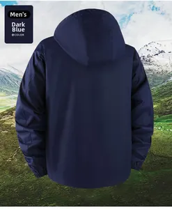 Rear view of dark blue men's hooded outdoor jacket with windproof fabric and mountain background