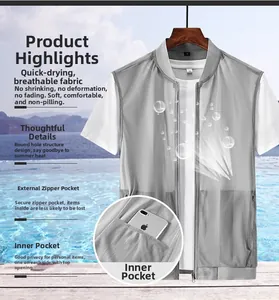 Detail view of breathable grey mesh vest with multiple zipper pockets and seaside background