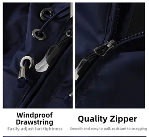 Detail of adjustable windproof drawstring and smooth metal zipper on navy outdoor jacket