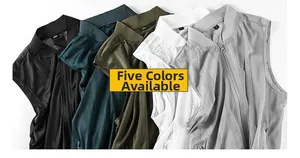 Close-up of five colors of men's quick-dry mesh vests with zipper and stand collar detail