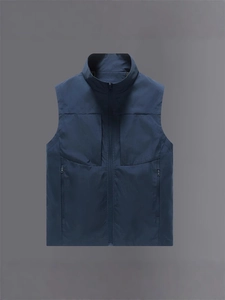 Men's casual navy blue standing collar outdoor vest with zipper pockets and windproof fabric