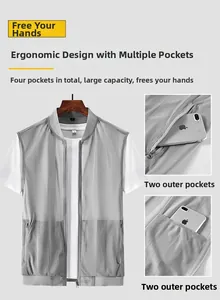 Detail view of grey breathable mesh vest featuring four pockets and durable front zipper