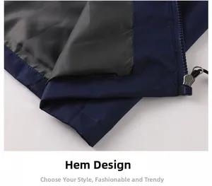 Detail view of the waterproof hem with dark blue outer fabric and black inner lining