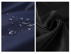 Detail of waterproof dark blue fabric with water droplets and smooth black texture