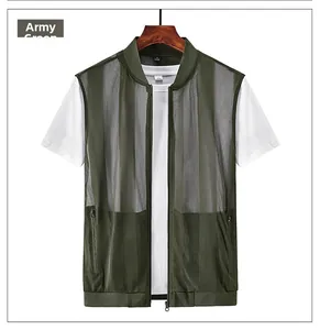 Detail of army green quick-dry mesh vest featuring zipper pockets and stand collar design
