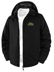 Waterproof black outdoor hooded jacket with yellow mountain logo for men and women