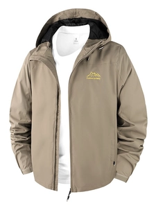 Men's khaki waterproof outdoor hooded jacket with mountain logo and adjustable cuffs