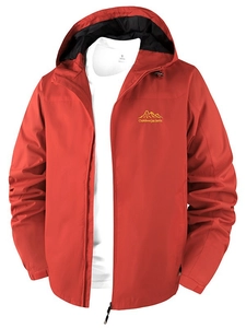 Waterproof red outdoor hooded jacket for men and women with yellow mountain logo