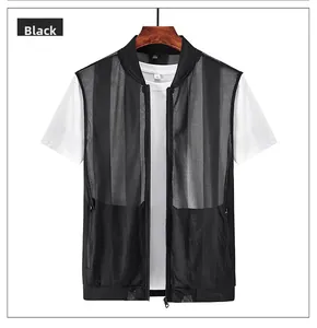 Close-up of black breathable mesh vest featuring a zipper closure and rib-knit collar