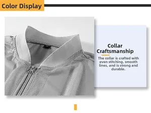 Detail of gray mesh fabric zipper vest featuring breathable stand collar and logo tag