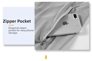 Detail view of the gray mesh vest zipper pocket showing capacity for a smartphone