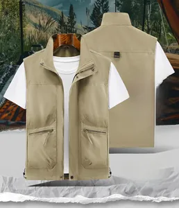 Close-up detail of breathable fabric and multi-pocket design on khaki utility vest