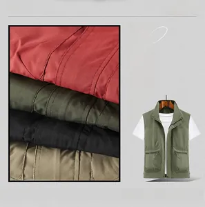 Detail display of multi-pocket outdoor vests in red, green, black and khaki colors