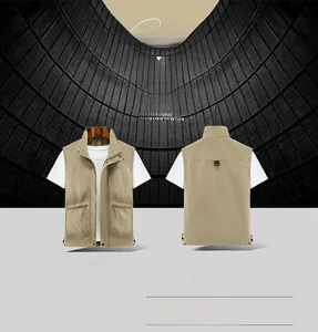 Front and back views of khaki outdoor utility vest with multi-pocket and stand collar