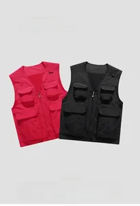 Detail of red and black tactical vests showing multi-pockets and mesh lining textures