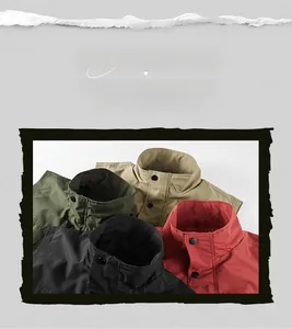 Detail view showing four colors of multi-pocket outdoor vests in windproof fabric
