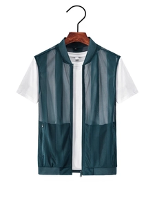 Men's dark green breathable mesh vest with full zipper and side pockets for summer