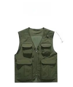 Detail of multi-pocket tactical fishing vest with windproof fabric and mesh lining