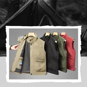 Detailed grid of outdoor multi-pocket utility vests in khaki, black, green, and burgundy