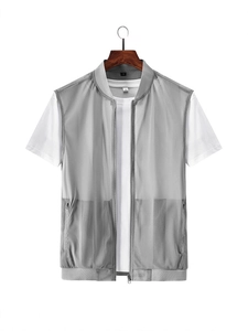 Men's breathable grey mesh vest with stand collar and zipper closure for summer wear