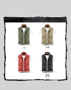 Detail view of multi-pocket tactical vest in army green, khaki, brick red, and black colors