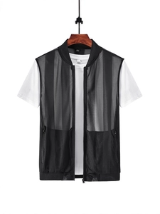 Men's breathable black mesh vest with zipper pockets and stand collar for summer wear