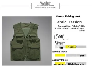 Detail view of a dark green fishing vest showing 100% nylon fabric and multi-pocket design