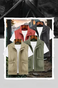 Detail view showing color palette of multi-pocket tactical vests in four rugged outdoor shades