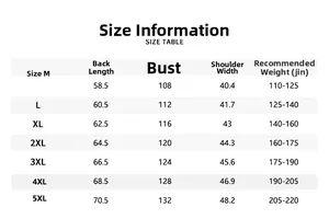 Detailed size chart table for multi-pocket outdoor fishing vest showing M to 5XL measurements