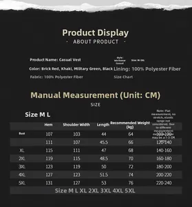 Detailed size chart with measurements from M to 5XL for the multi-pocket utility vest jacket