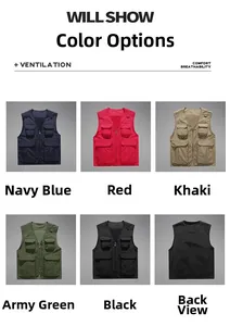 Detailed back view of outdoor utility vests in five colors with breathable mesh lining